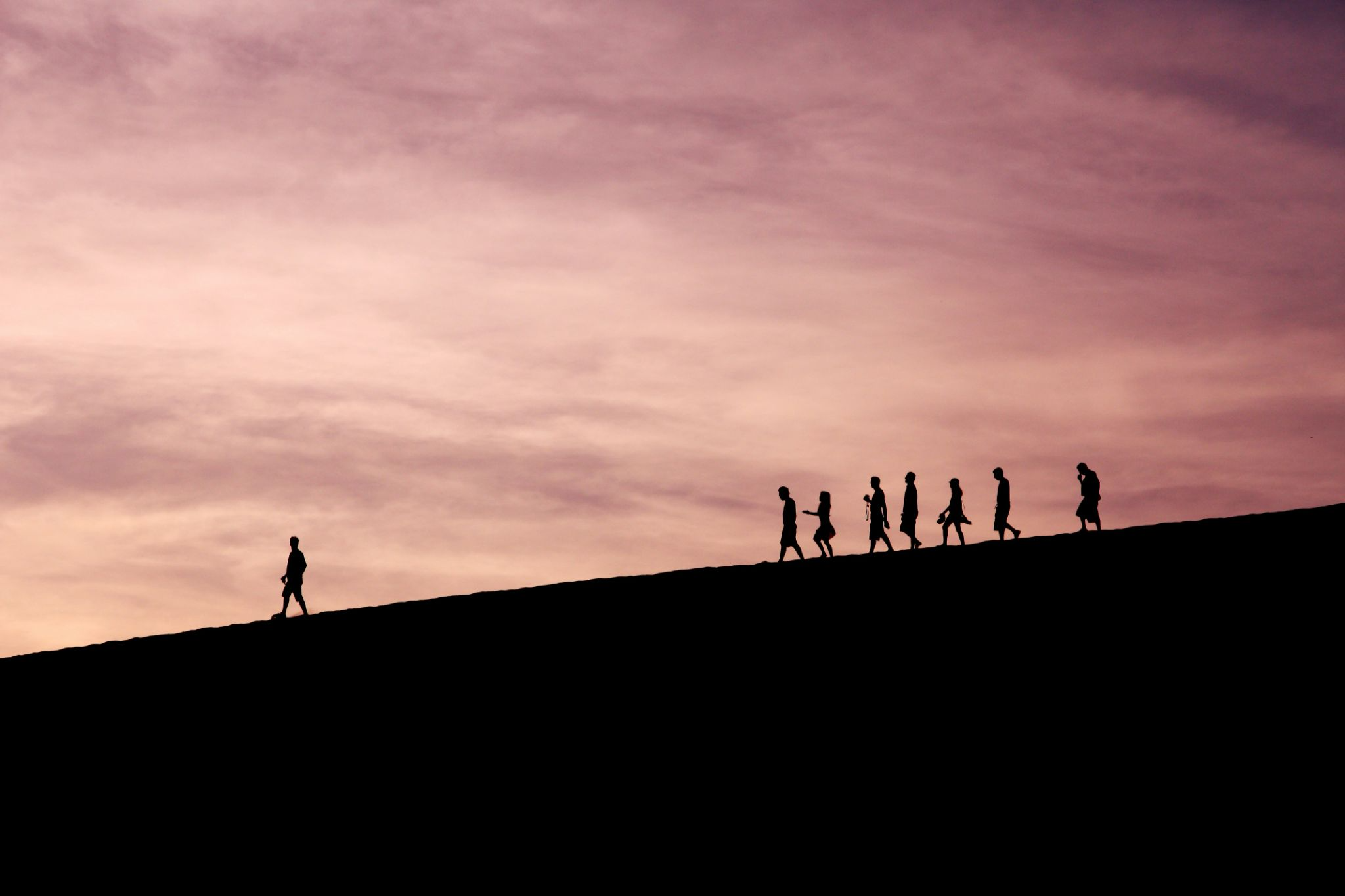 Person leading group of other walking