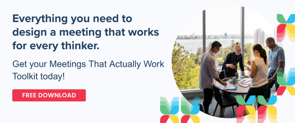 Four colleagues standing around a laptop in a meeting room, with the headline: Everything you need to design a meeting that works for every thinker. Free download.